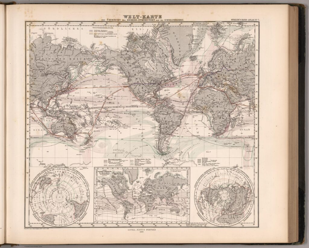 1880, Welt-Karte zur Ubersicht der Meeres-Stromungen und der Schnellverkehrs. (Land and Sea Routes).